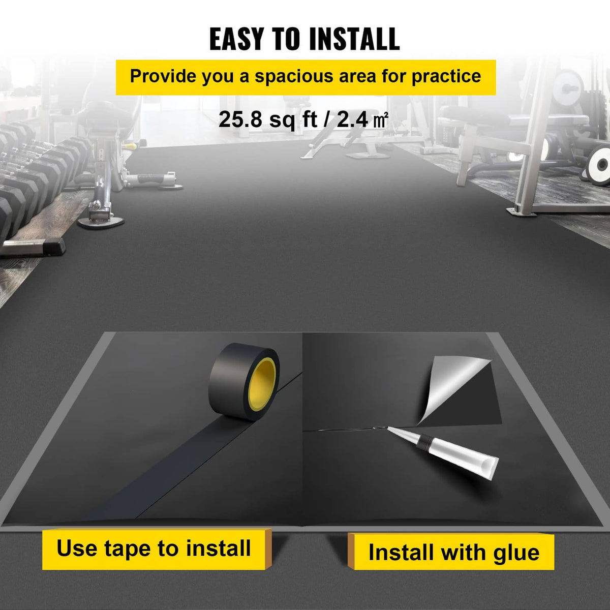 Dark gray dance floor mat on floor with roll center detail and installation tools