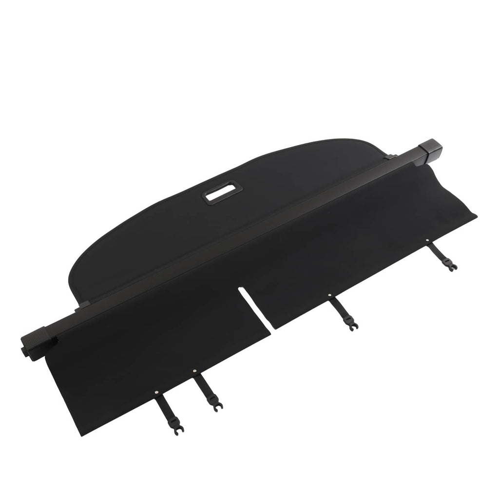 Rear trunk security shade cargo cover angled view with gray fabric and black frame