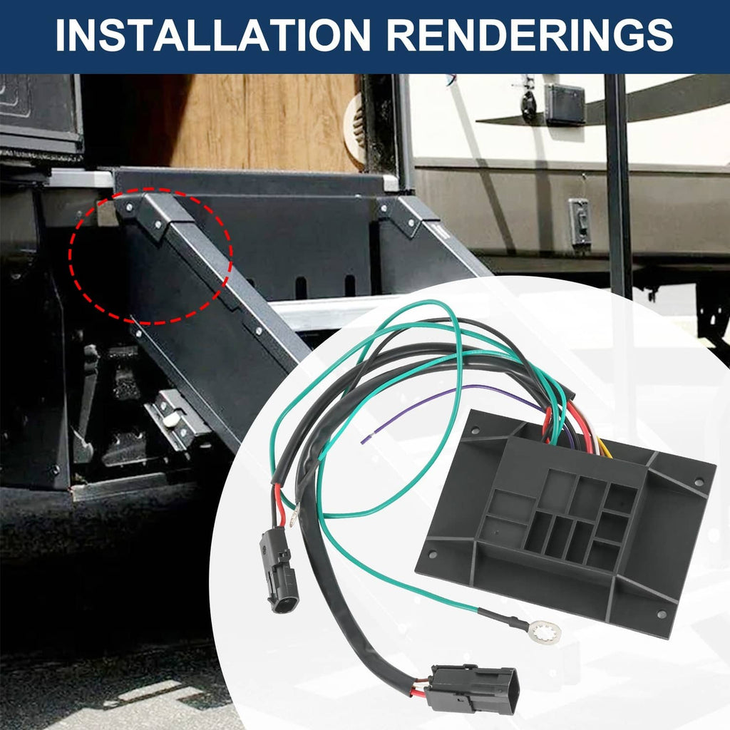 RV step control module brain with wiring harness mounted near RV step mechanism