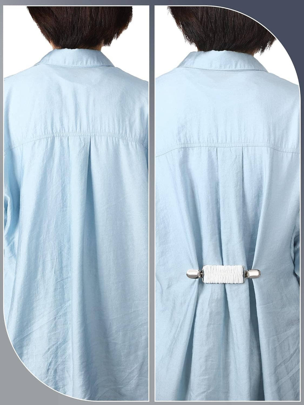 Back of a light blue shirt with a white dress cinch clip across the upper back