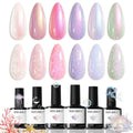 Iridescent pearl gel nail swatches in pastel white, pink, purple, blue, and mint green