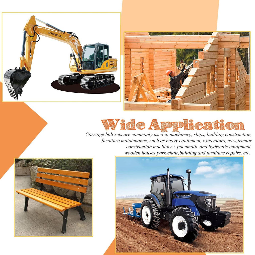 Carriage bolt set promotional collage showing construction scenes and bundled hardware