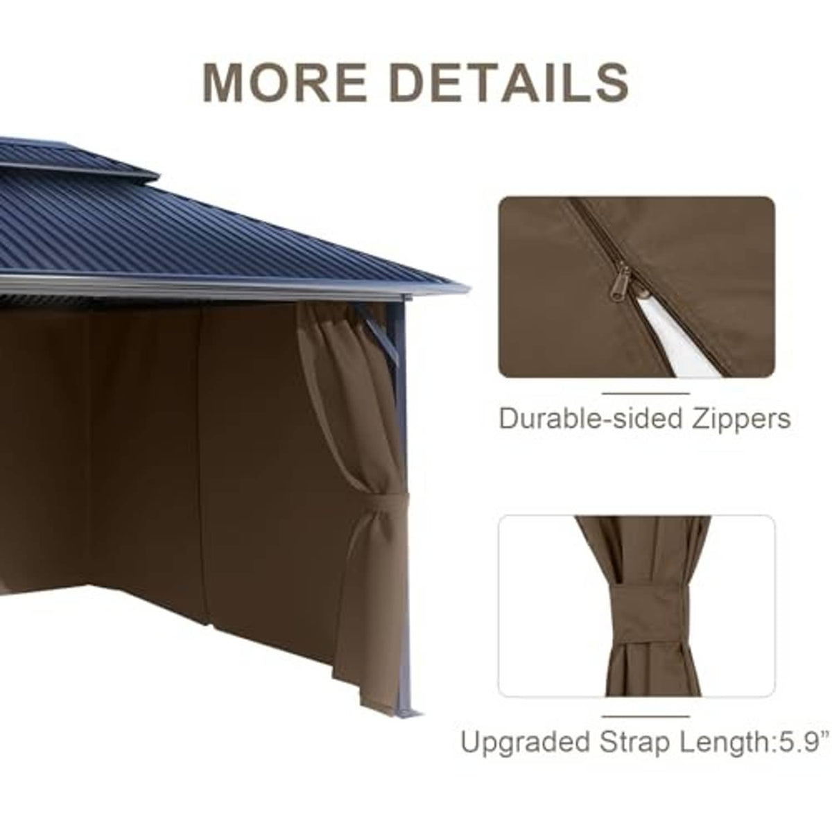 Brown gazebo curtain panel with durable side zipper and tie strap detail