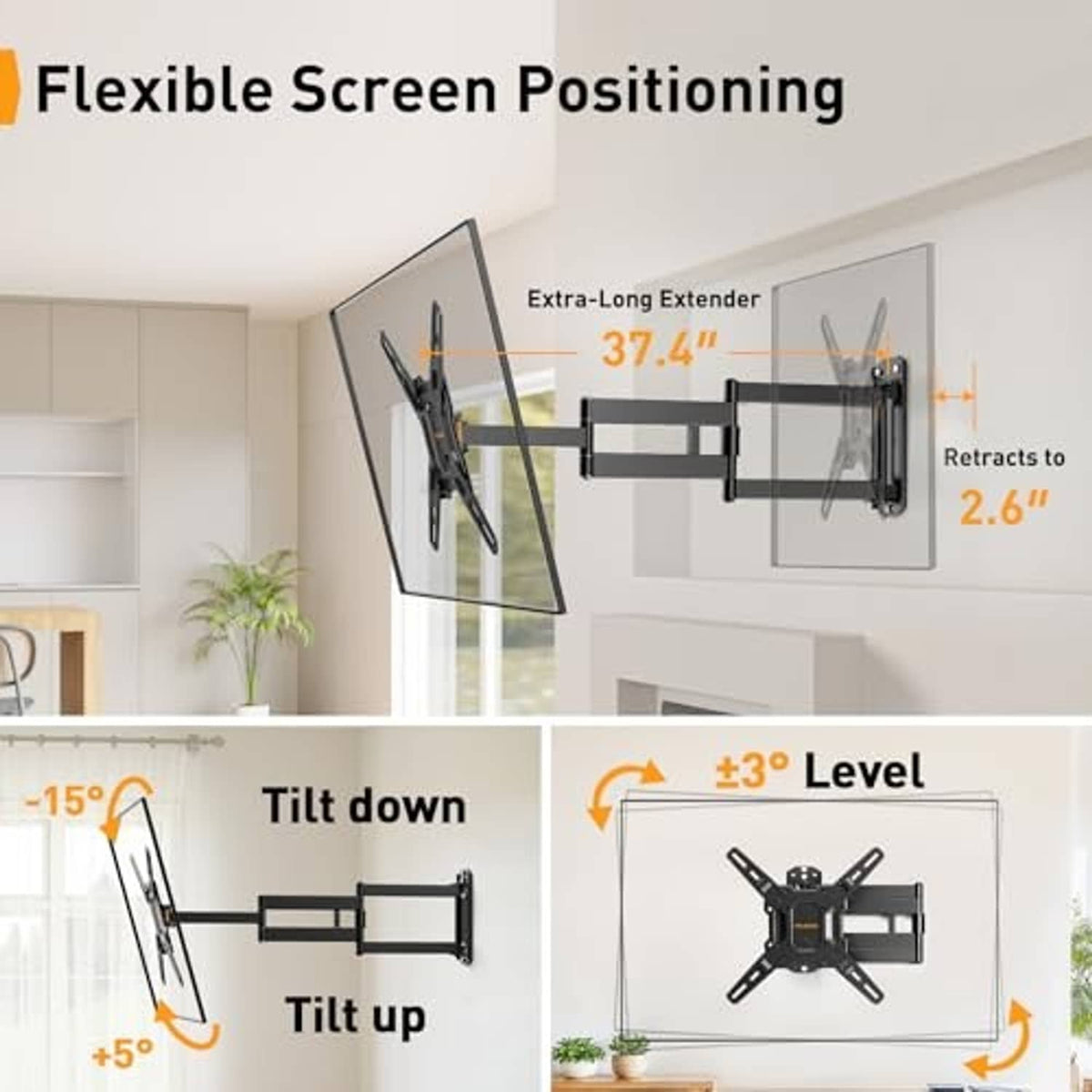 Extendable corner TV mount with 37.4 in arm, tilt and ±3° leveling