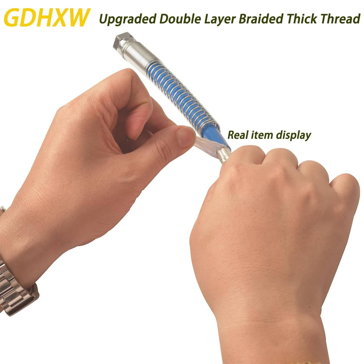 Blue braided airless spray hose with threaded metal fitting held in hands