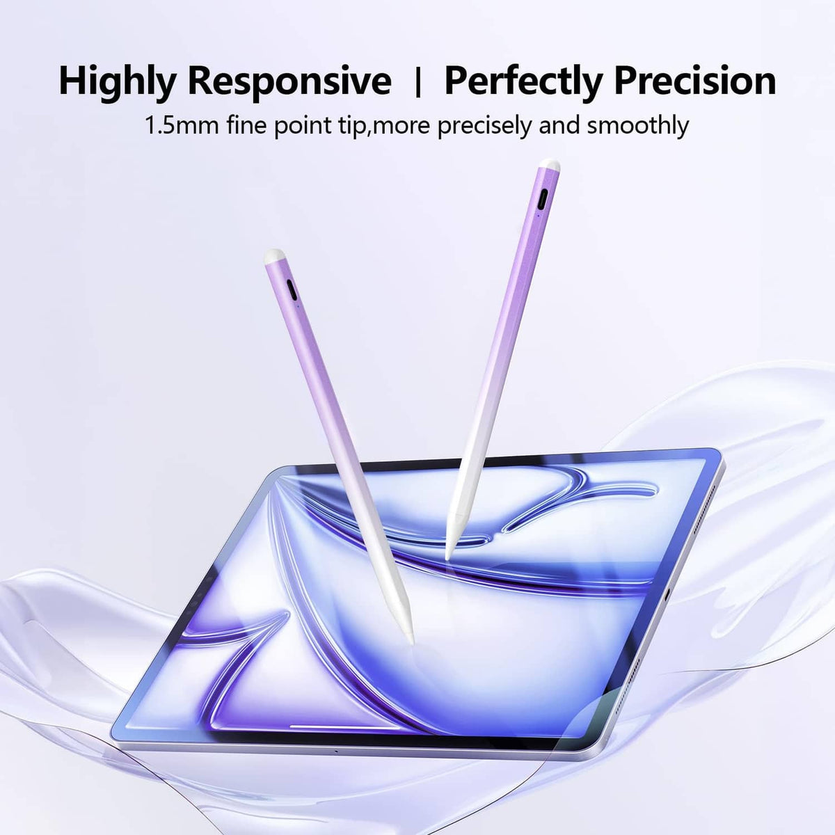 Two purple and white stylus pens with slim tips on a tablet screen
