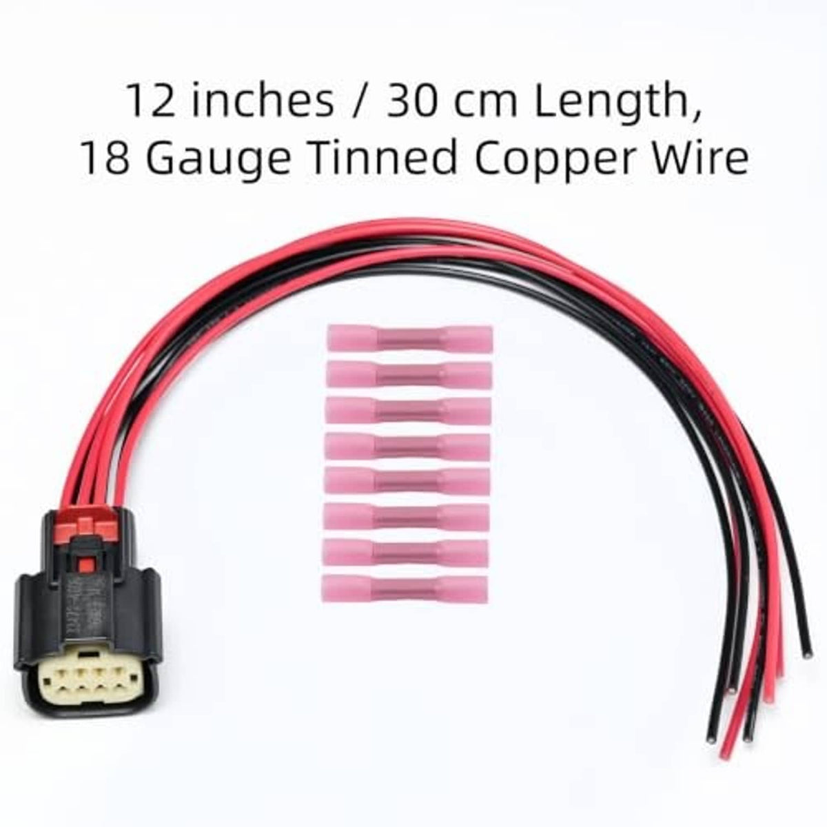 Headlight connector pigtail with 12-inch red wire leads and heat-shrink terminals