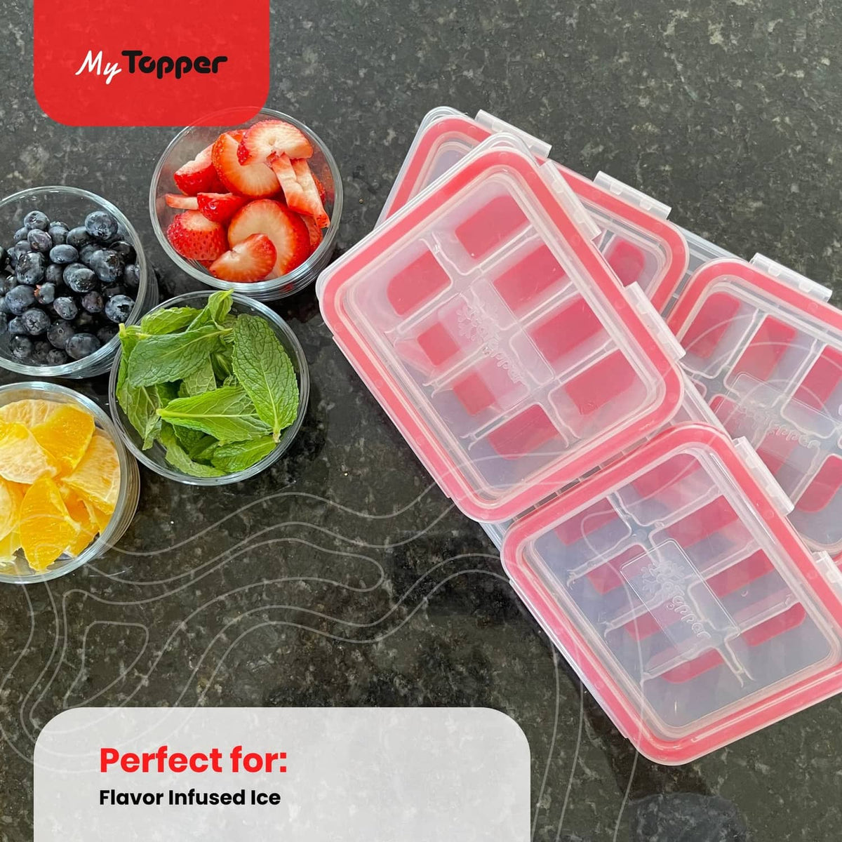 Ice cube tray with two attached lids, clear grid compartments and red seals, freezer-ready.