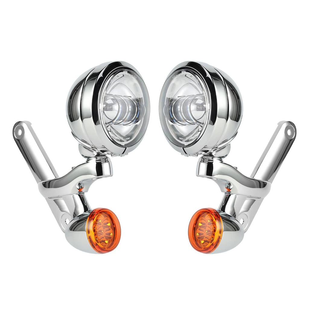 Chrome auxiliary LED fog spot lights with clear lenses and amber turn signal bulbs