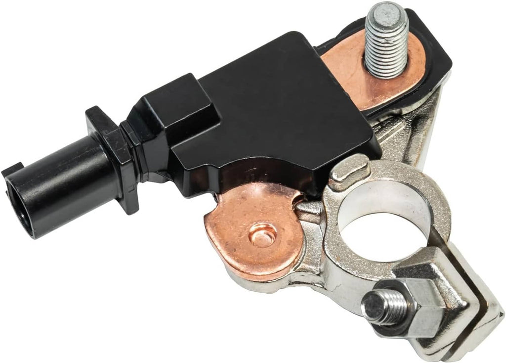 Battery current sensor close-up with black plug and silver mounting bracket