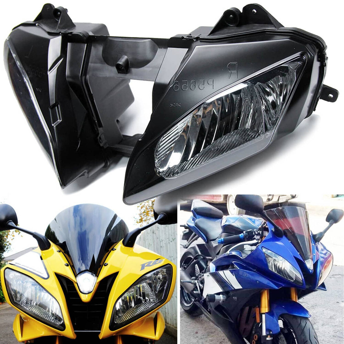 Front headlight assembly with clear lens, black housing, and mounting tabs