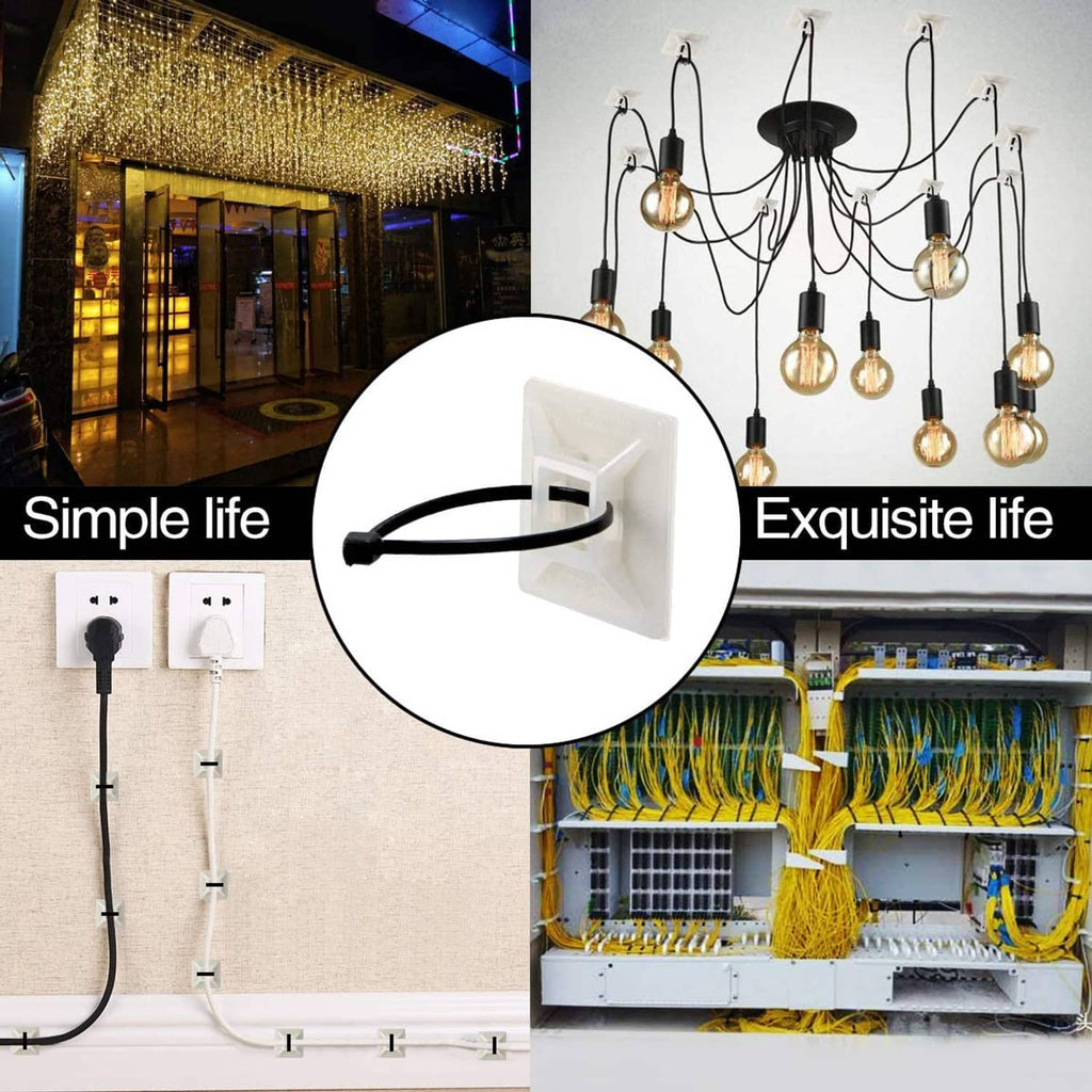 Self-adhesive cable zip tie mounts securing wiring on a wall