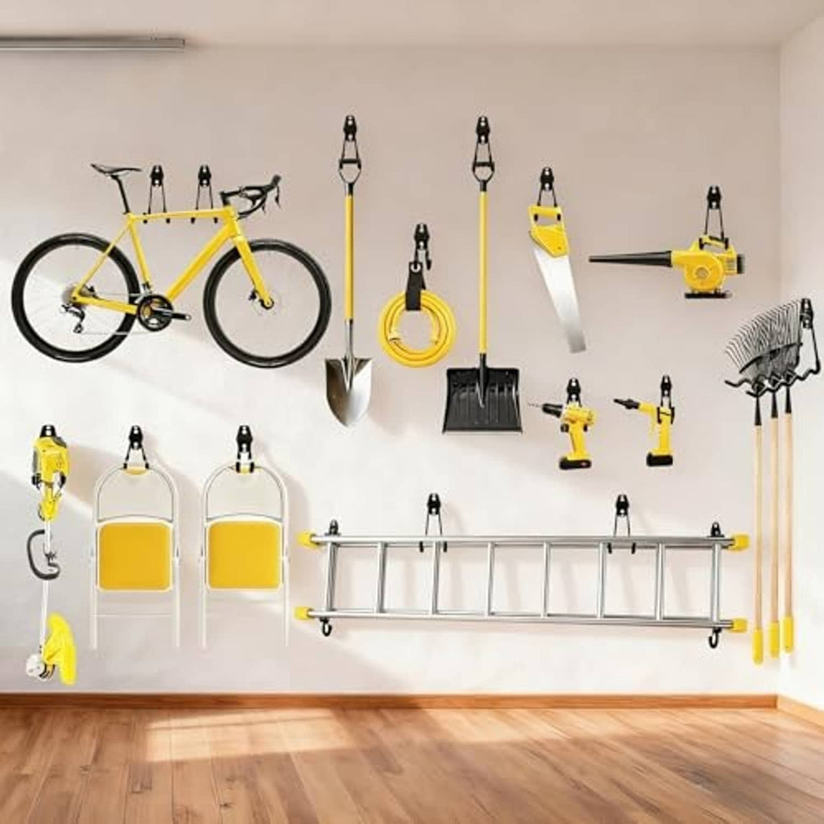 Black garage hooks mounted on wall holding tools and accessories, multi-hook display