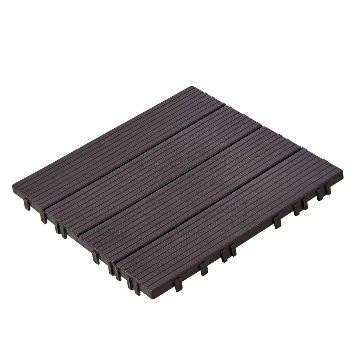 Interlocking deck tiles, dark gray, ribbed surface with snap-lock edges