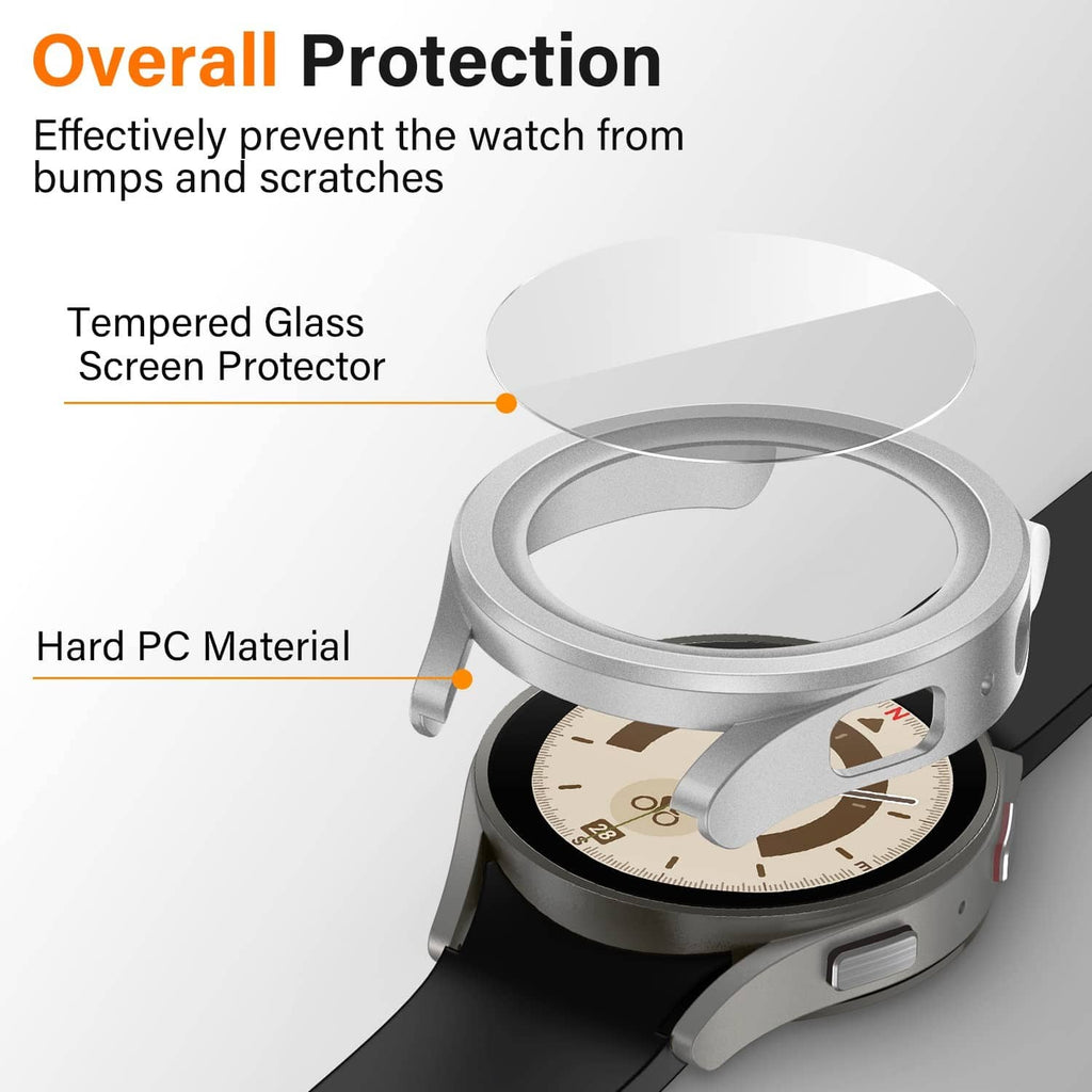 Silver watch case with tempered-glass screen protector and hard PC body