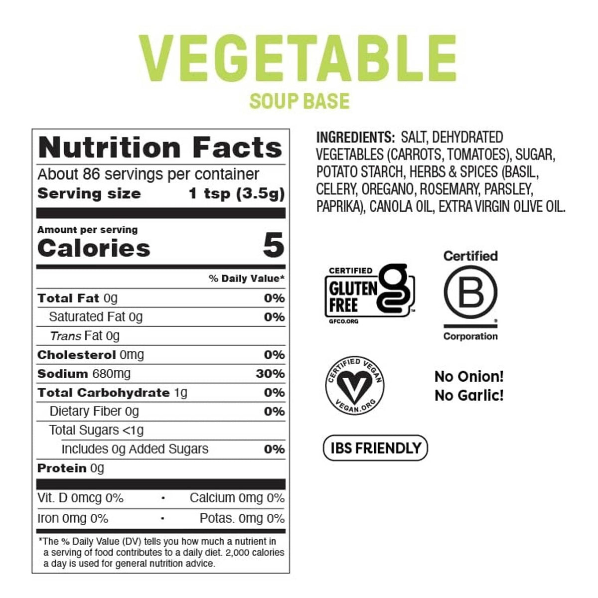 Vegetable soup base jar label with Nutrition Facts and ingredients panel