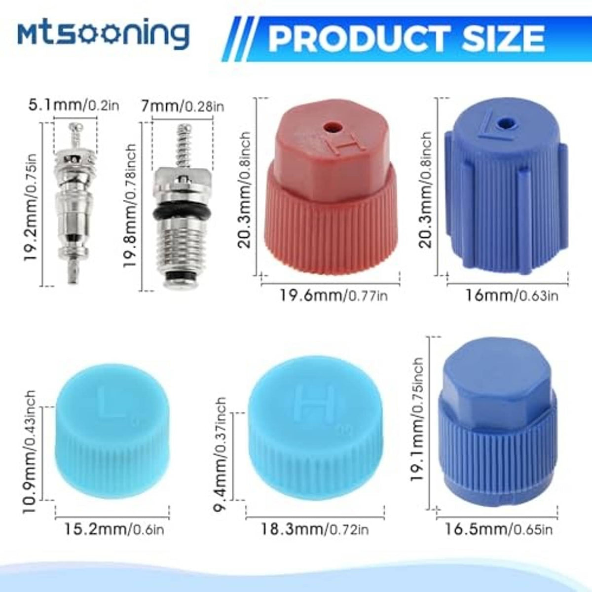 AC valve core caps and tools shown with size guide for blue and red parts