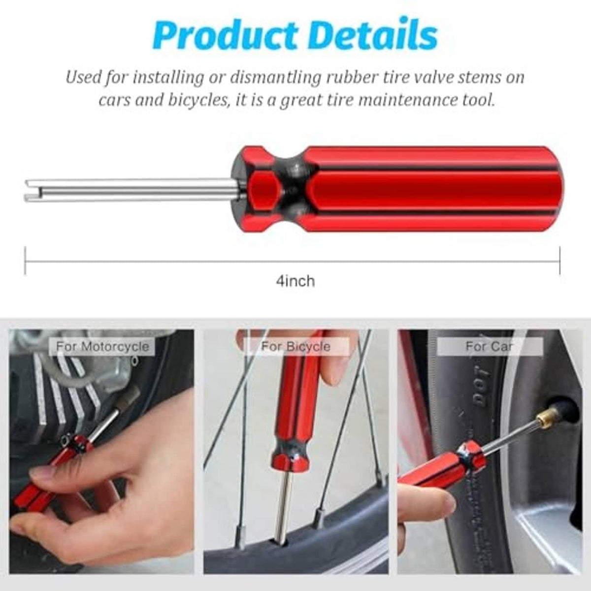 Red-and-black tire valve stem core remover tool with two metal prongs