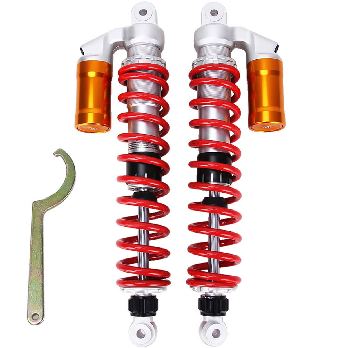 Front shock absorber pair with red springs, silver shock housings, and gold reservoir cylinders