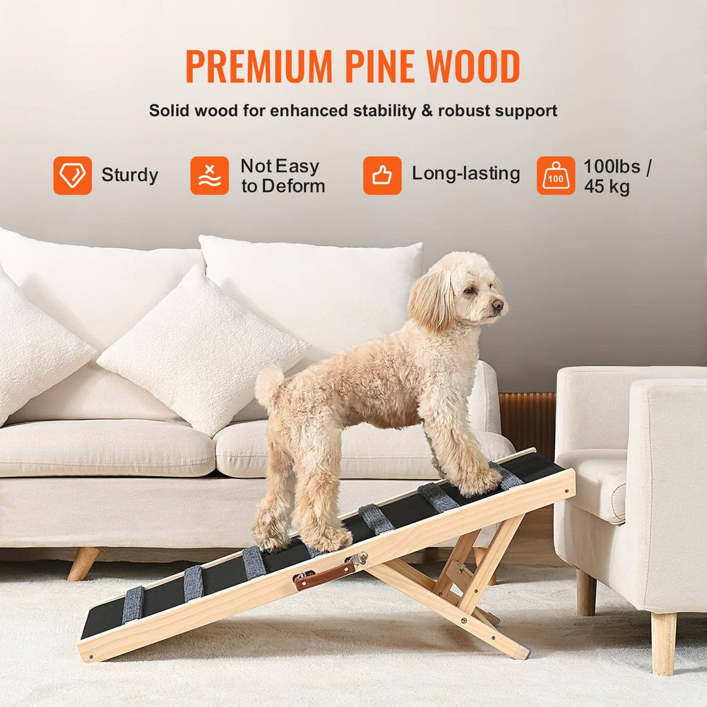 Pet dog ramp with solid light wood frame, dark non-slip steps, dog using ramp