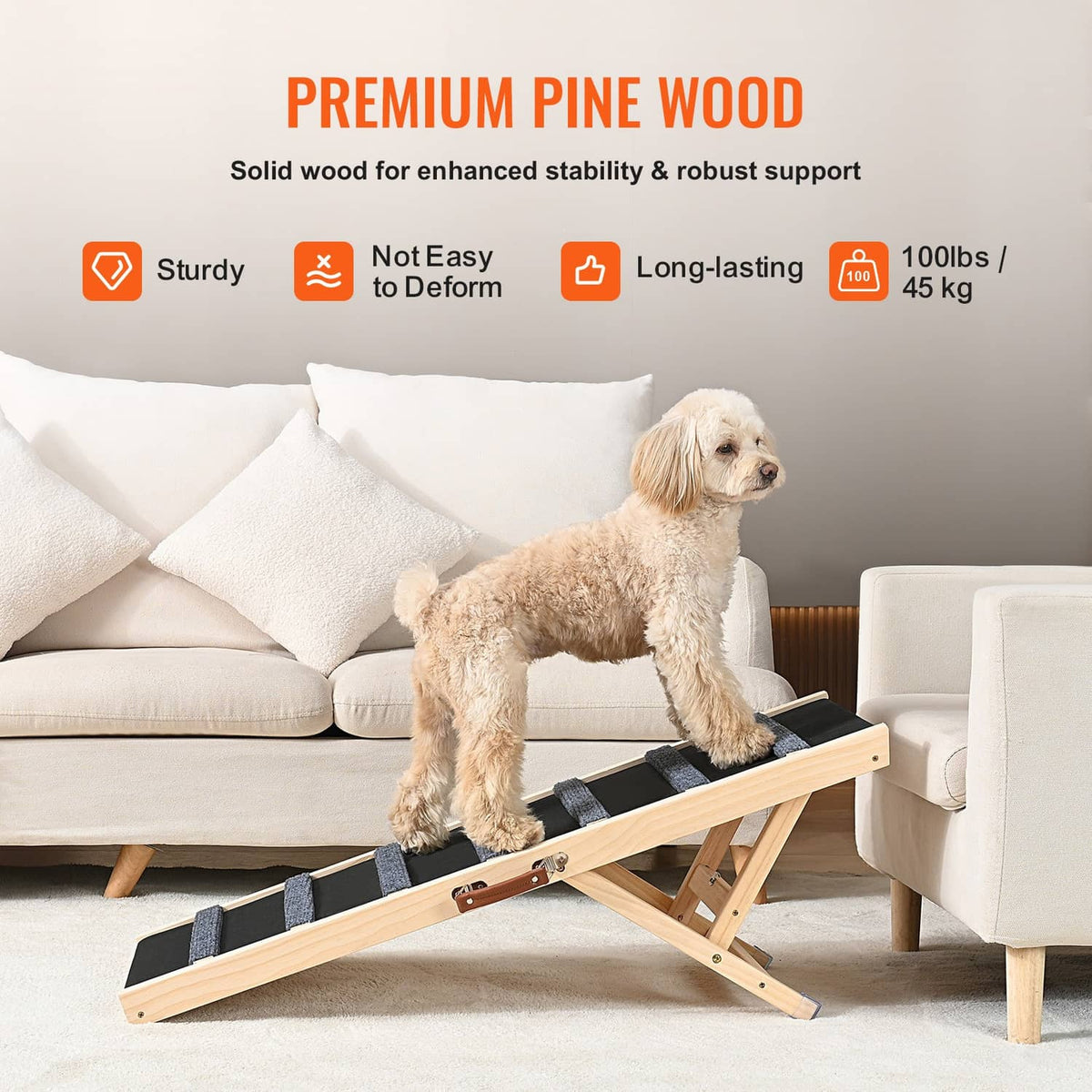 Pet dog ramp with solid light wood frame, dark non-slip steps, dog using ramp