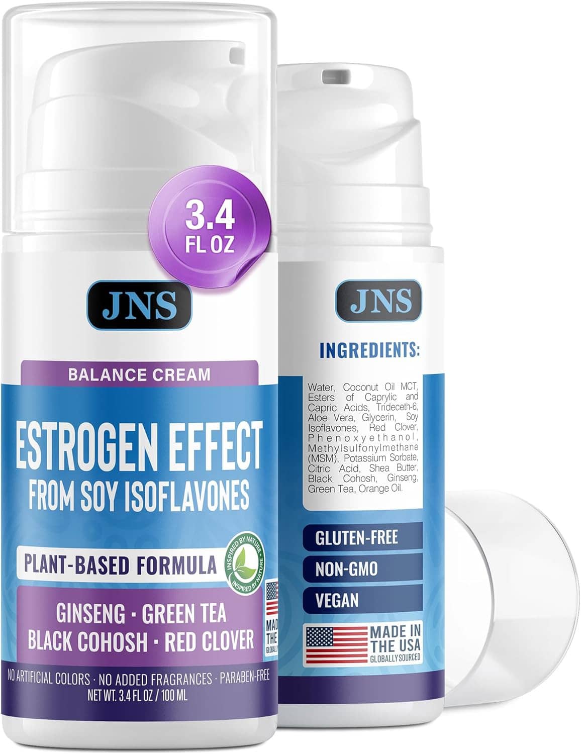 JNS balance cream bottles, 3.4 fl oz, ingredients list panel with made in the USA badge