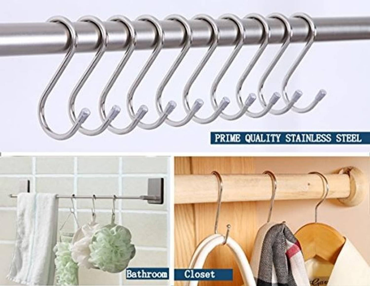 Stainless S-shaped hooks hanging from a metal rod for towels, utensils, or clothing