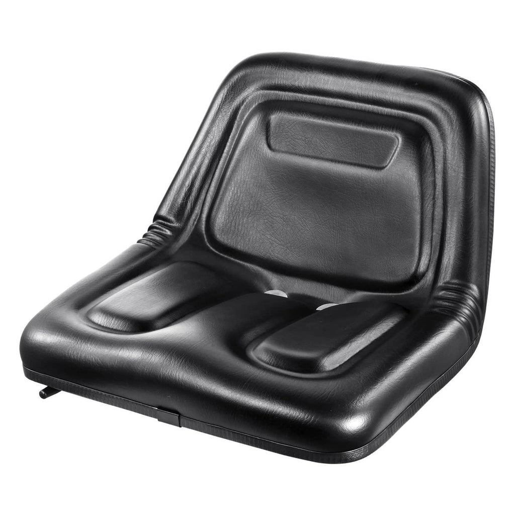 Black molded forklift tractor seat with contoured cushion and padded backrest