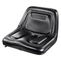 Black molded forklift tractor seat with contoured cushion and padded backrest