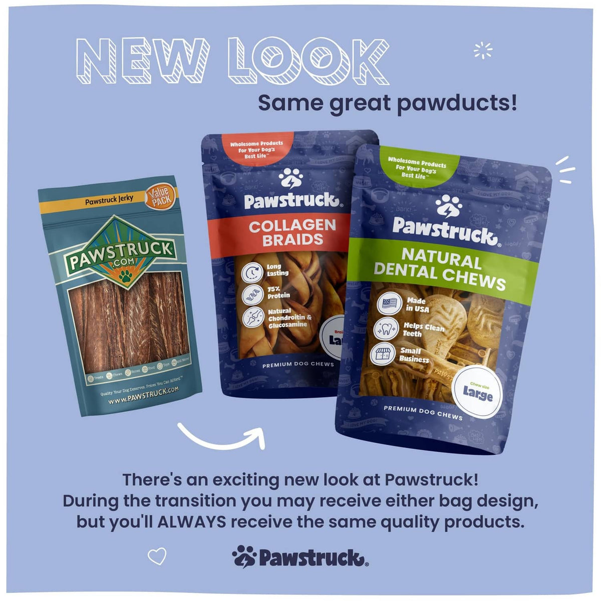 Three Pawstruck dog treat bags shown together: collagen braids and dental chews