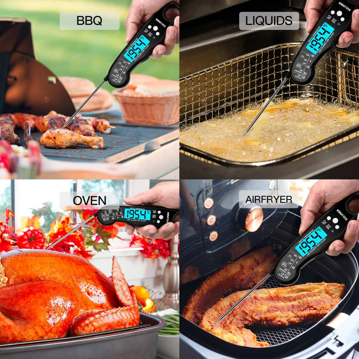 Instant read digital thermometer held over grill, measuring food temperature during cooking.