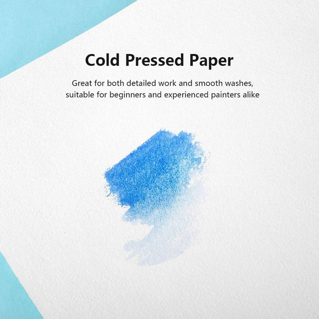 Cold-pressed watercolor paper with blue paint swatch sample