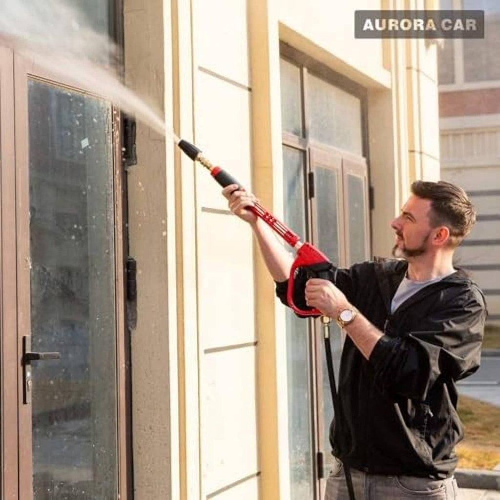 Turbo pressure washer turbo nozzle at the wand tip with red and black handle