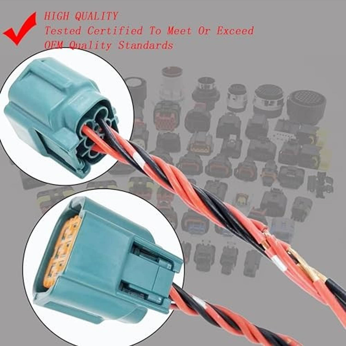 Teal connector plug with red/black leads; port and wire strain area shown