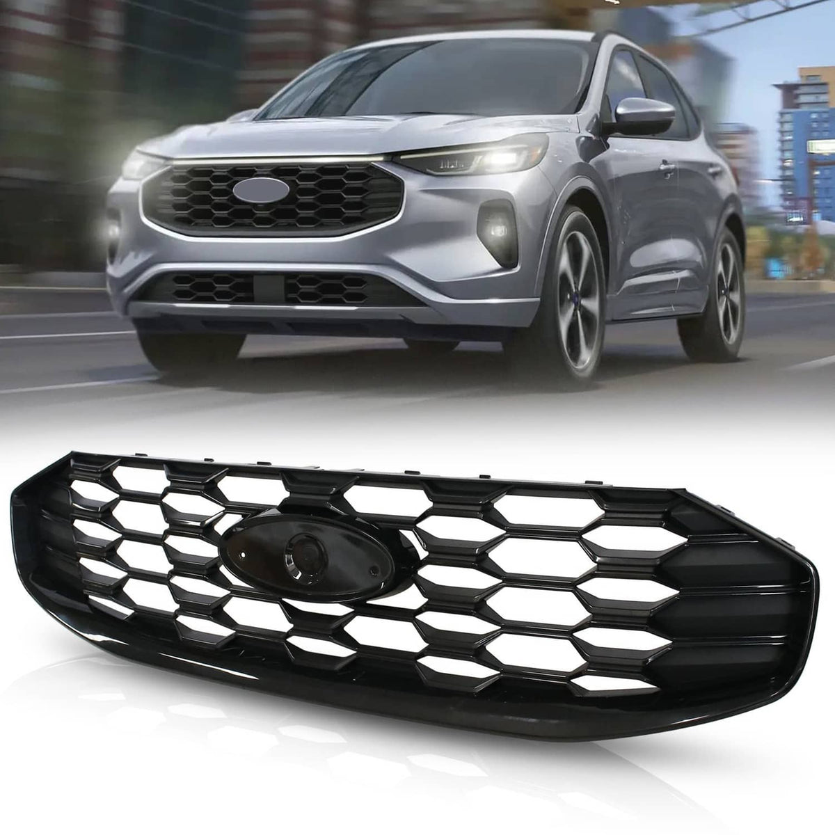 Black front grille with honeycomb/hex mesh and round center grille insert