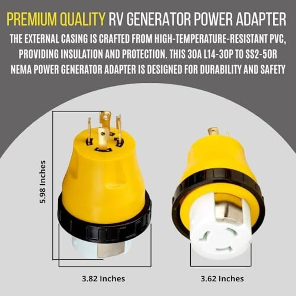 Yellow generator adapter plug shown from front and side with white twist-lock face