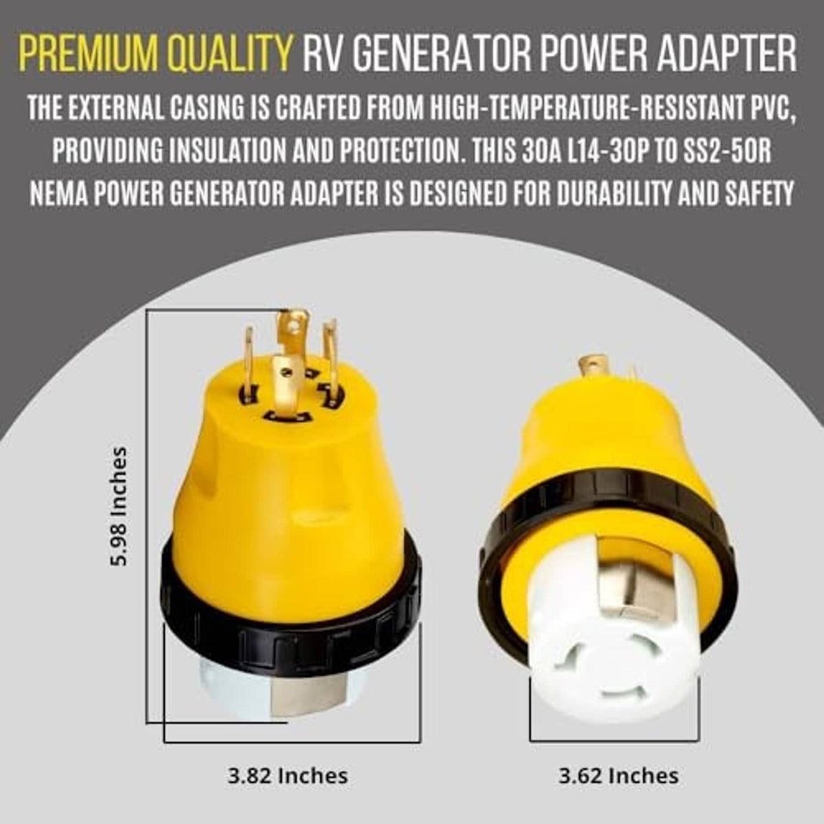Yellow generator adapter plug shown from front and side with white twist-lock face