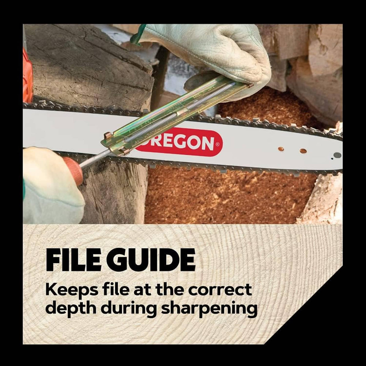 Person sharpening a chainsaw bar using a file guide, with Oregon logo on the tool