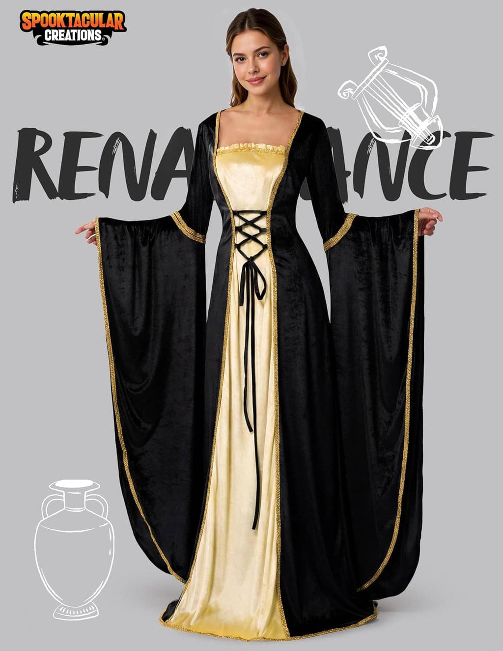 Black velvet renaissance dress with cream satin center panel and lace-up corset front, cape sleeves