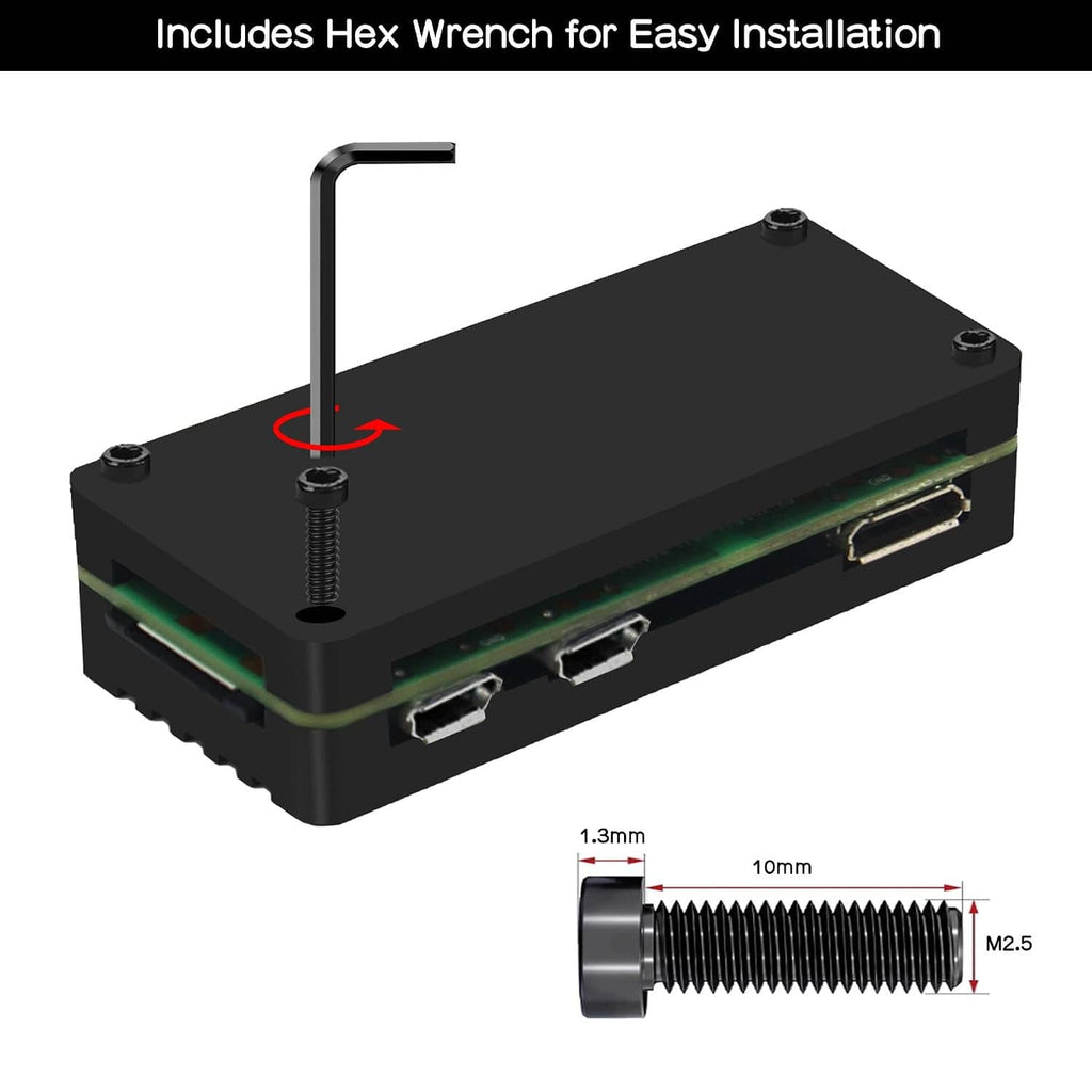 Aluminum heatsink case kit side view with included hex wrench and front ports