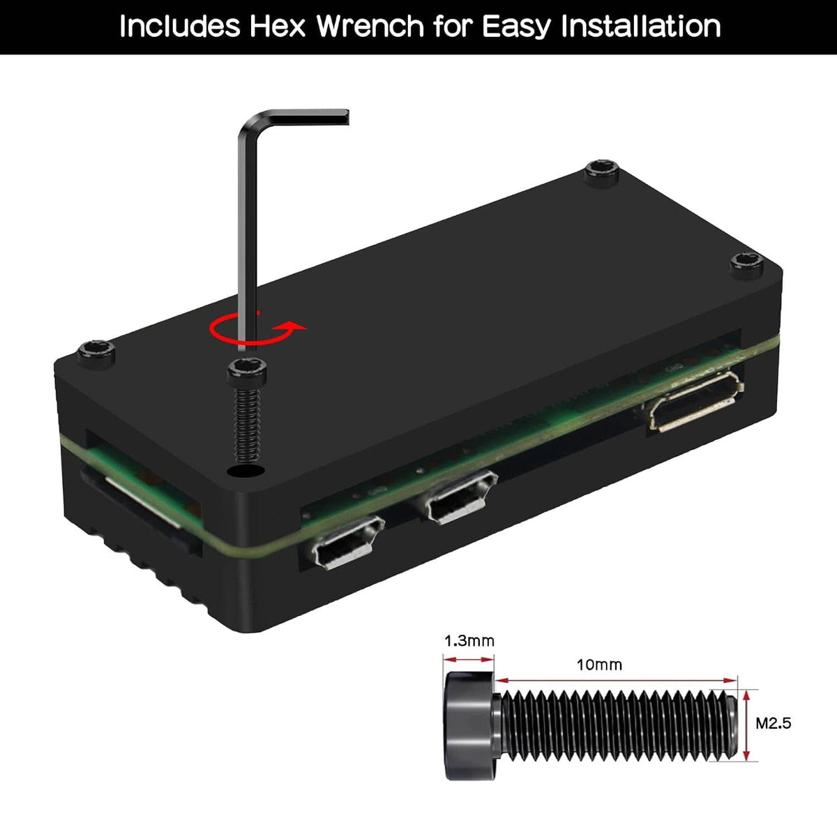 Aluminum heatsink case kit side view with included hex wrench and front ports