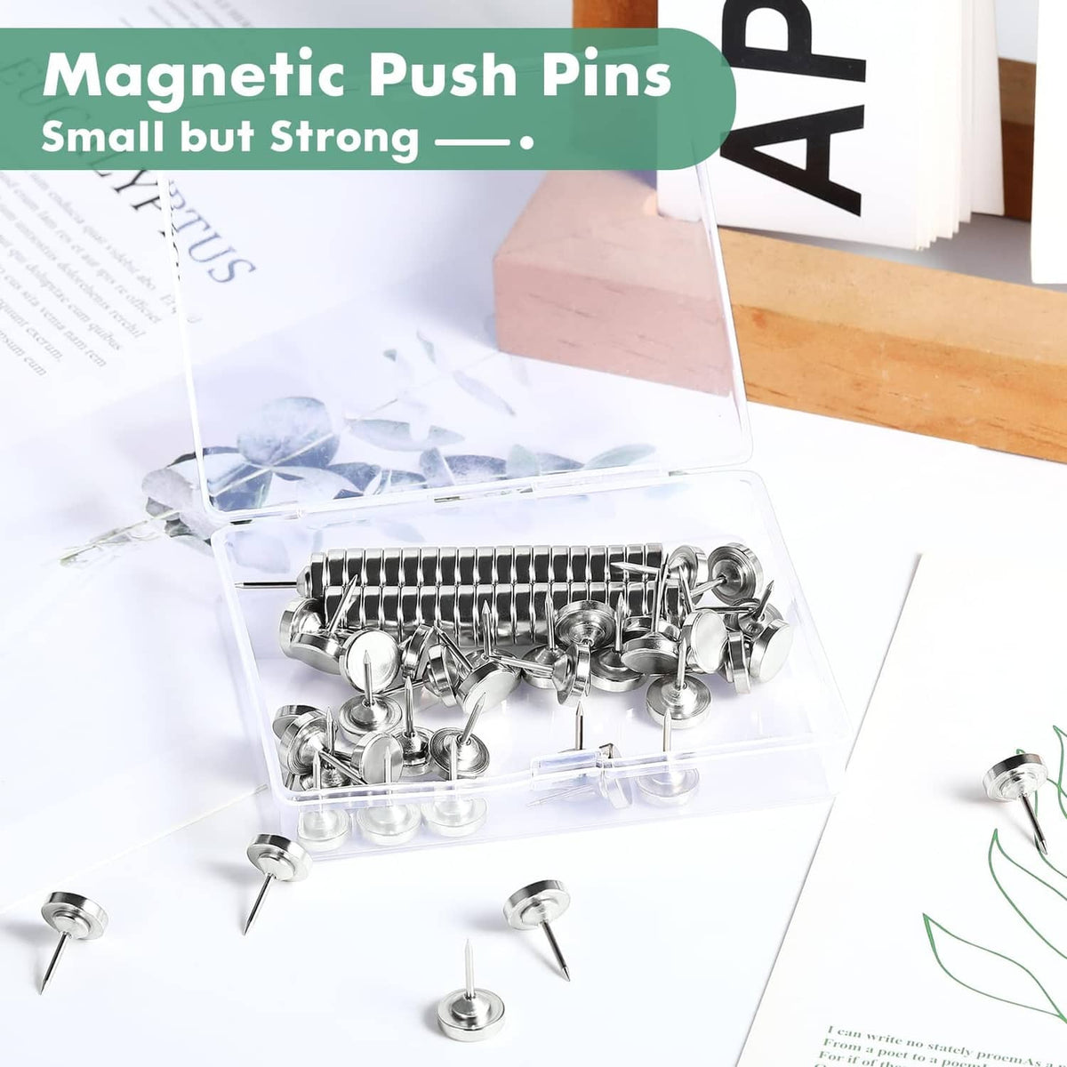 Silver magnetic push pins in a clear organizer case, showing multiple pointed pins