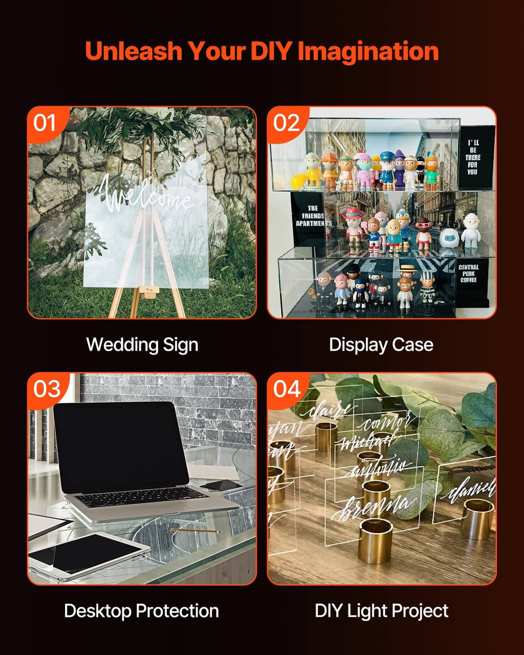 Clear acrylic sheets used in multiple DIY display setups, transparent vertical panels.