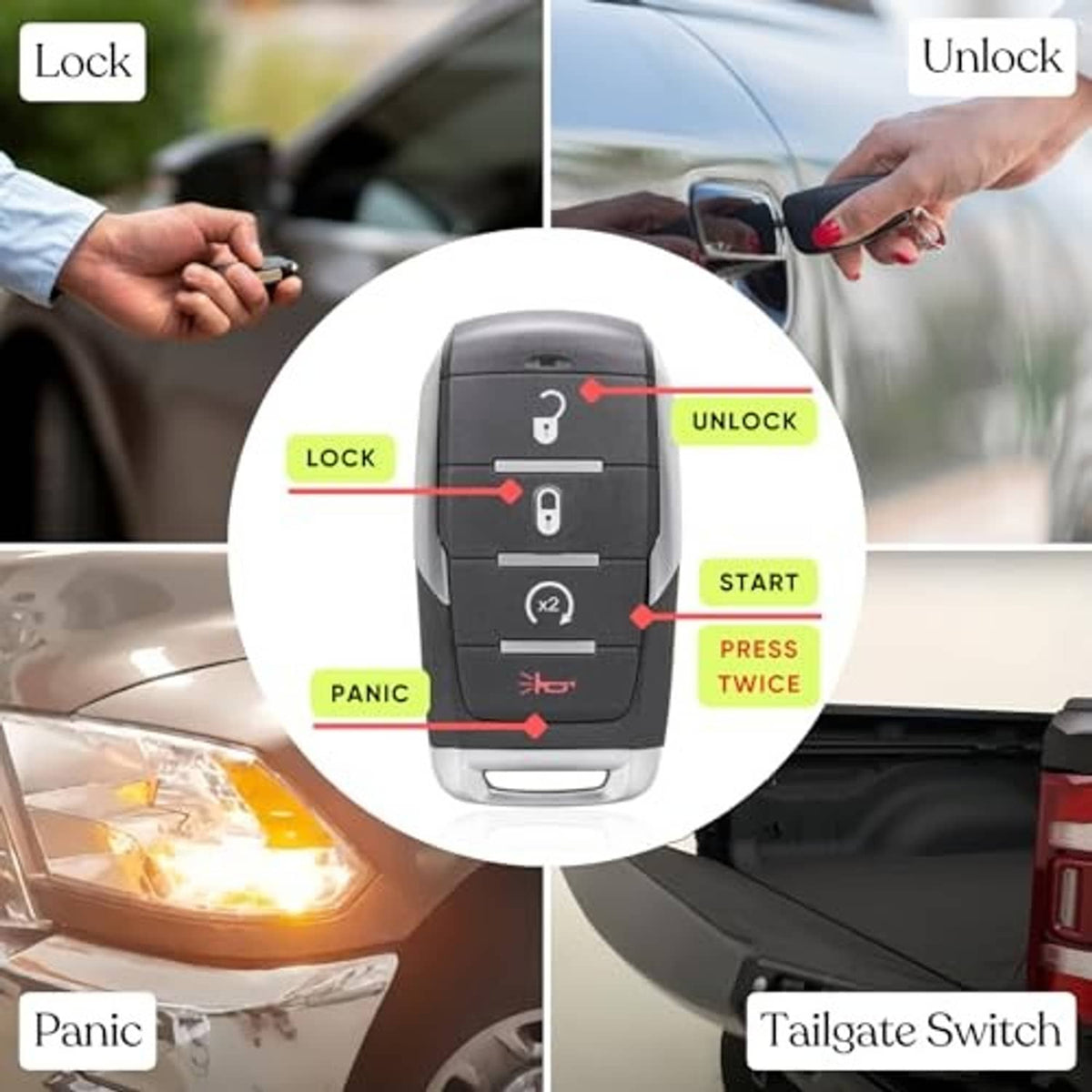 Black keyless entry remote fob showing button layout with lock, unlock, start, and panic icons