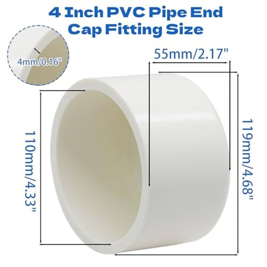 White 4-inch PVC end cap fitting with labeled size diagram, round opening