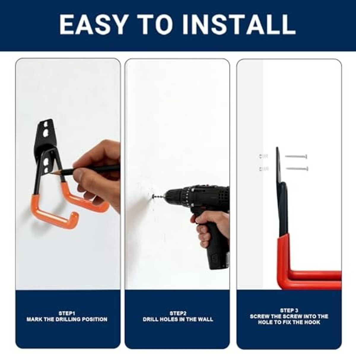 Easy-install orange wave wall hook with black base shown during mounting