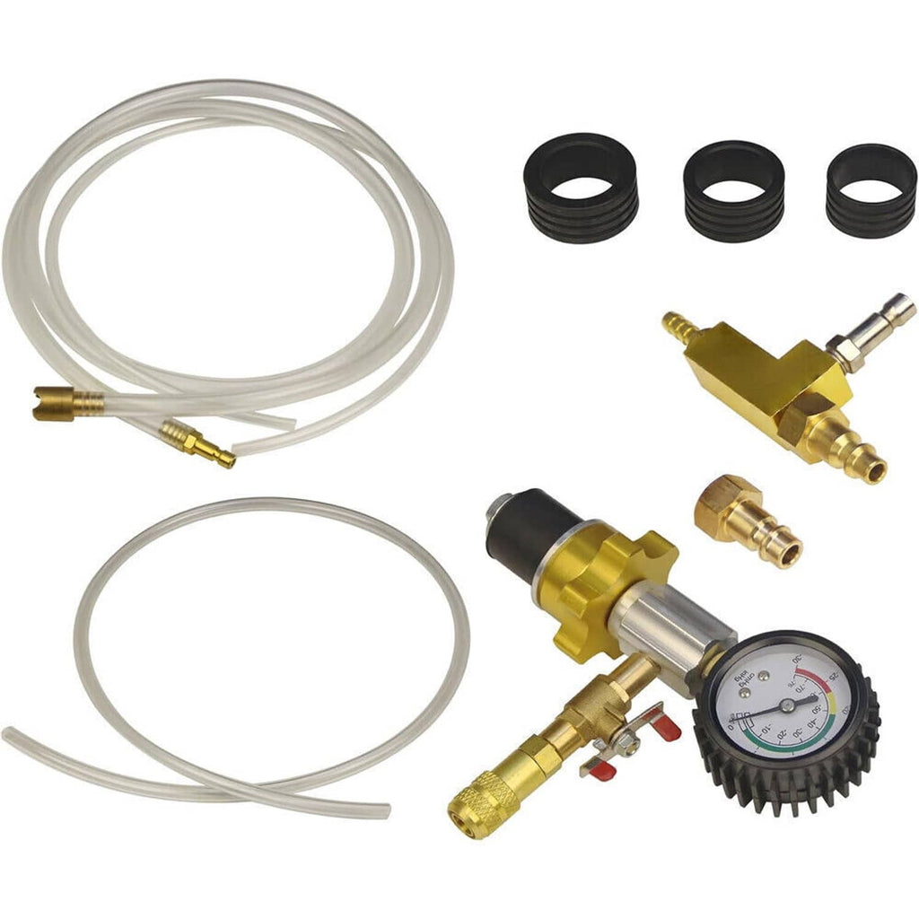 Coolant vacuum kit components: clear hoses, brass connectors, black sealing rings