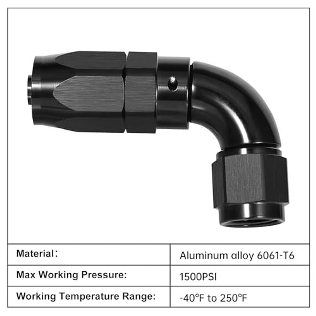 Black 90-degree AN swivel hose end fitting with aluminum body and ports