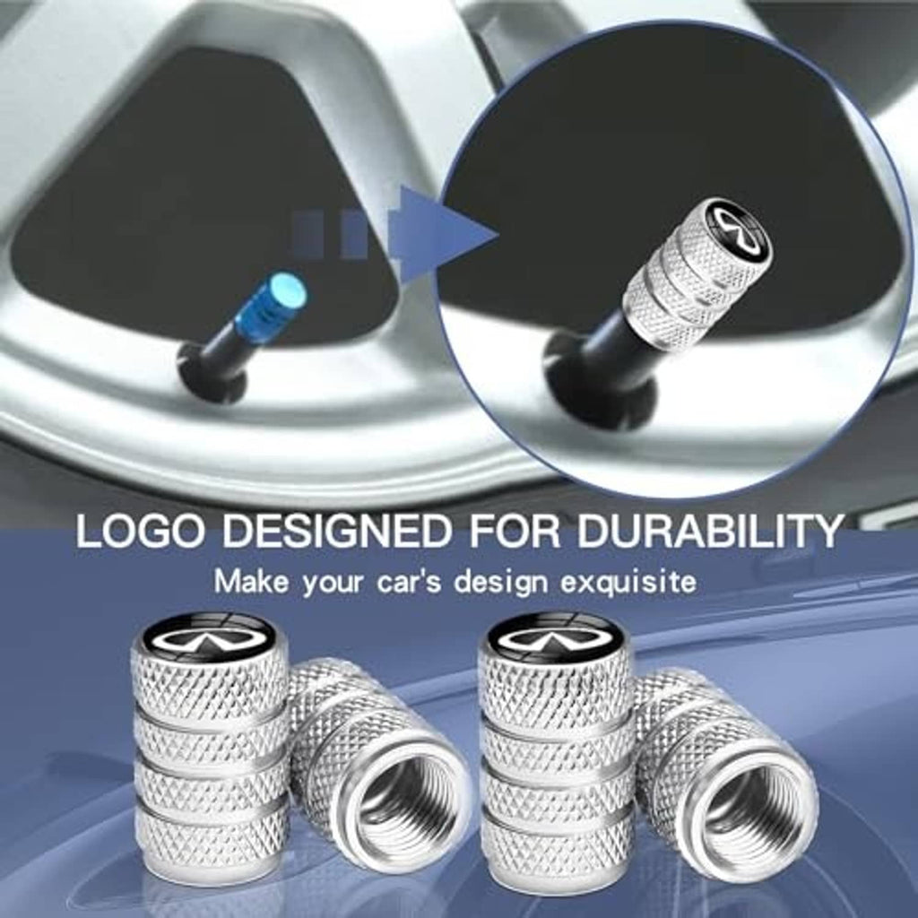 Set of 4 silver metal tire valve stem covers with black logo and threaded ends