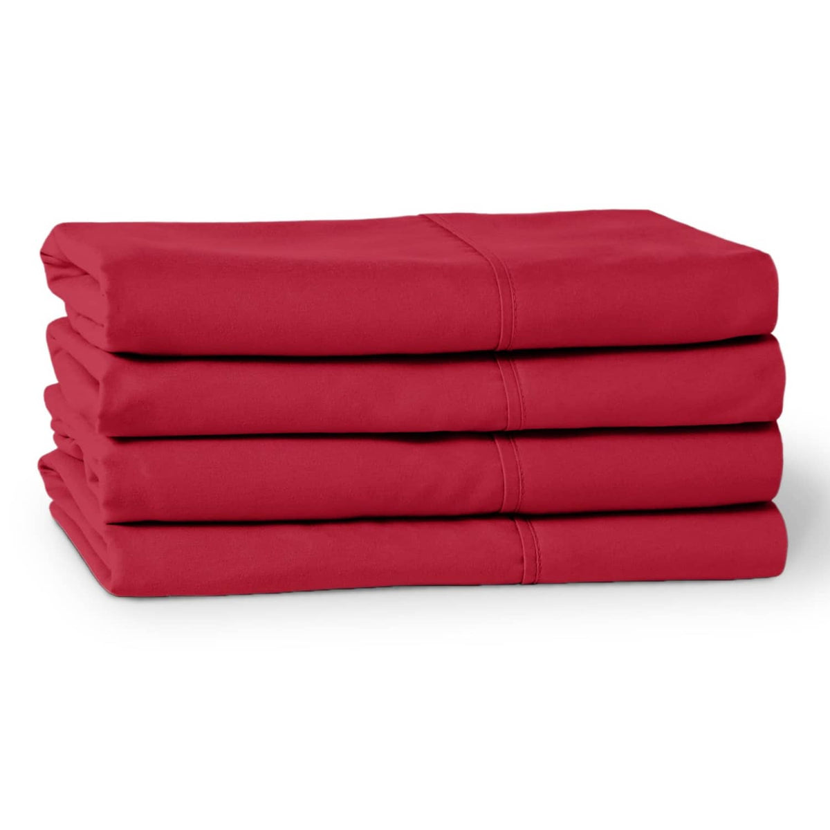 Stack of red microfiber pillowcases folded in a neat, layered set